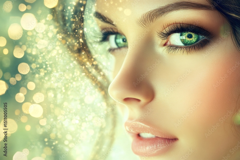 Beautiful Woman's Eye with Green Iris, Long Lashes, and Bokeh Effect, Glamour Portrait Beautiful Woman's Eye with Green Iris, Long Lashes, and Bokeh Effect, Glamour Portrait