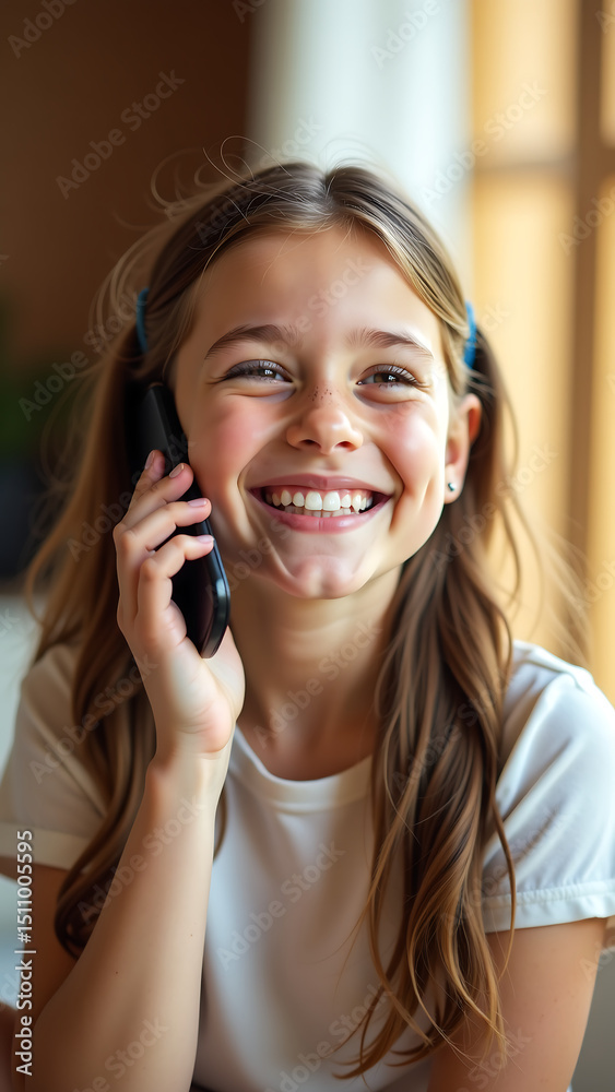 young girl bright smile holds phone ear eyes sparkling mirth giggles set warm natural young girl bright smile holds phone ear eyes sparkling mirth giggles set warm natural