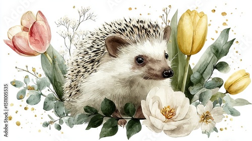   A hedge encircled by blooms appears in this watercolor depiction of a hedge with surrounding flowers and tulips