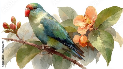   A colorful bird on a leaf-laden tree branch next to a flower