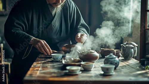 Traditional chinese tea ceremony unfolding in dimly lit wooden interior, seasoned tea master carefully brewing and serving gongfu cha with meditative precision and cultural authenticity