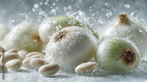   Close-up of onions with water splashing from top and bottom, positioned at the bottom of the image