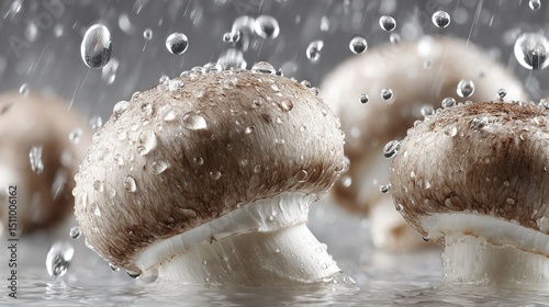   A cluster of mushrooms perched atop a moist table, their caps glistening with water droplets