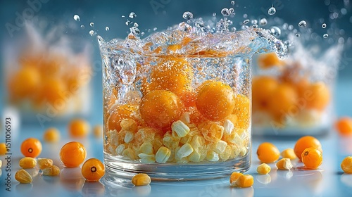   A glass of oranges sits beside a mound of oranges on a blue countertop