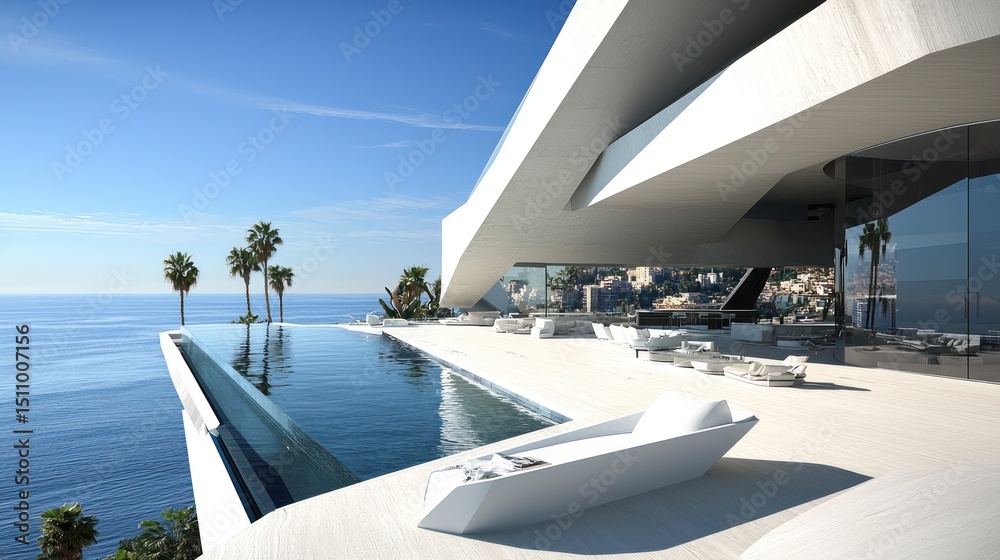 Fototapeta premium Modern Cliffside Villa with Infinity Pool: Breathtaking Ocean View