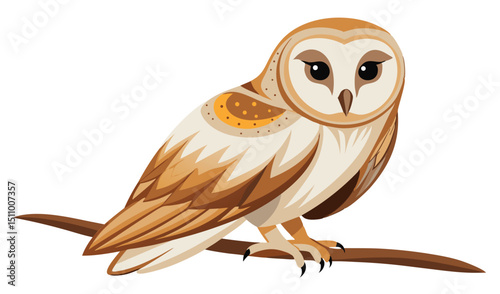 Barn owl perched on branch bird illustration