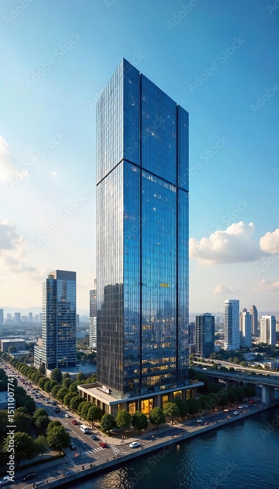 Obraz premium Modern glass skyscraper downtown, reflecting city skyline Sleek architecture, urban landscape, daytime view Perfect for real estate, business, and city life concepts , structure, steel, vertical