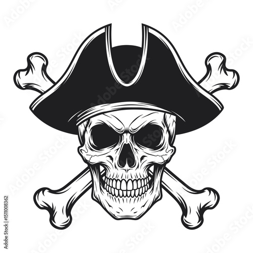 Pirate skull wearing a bicorne hat with crossed bones behind it