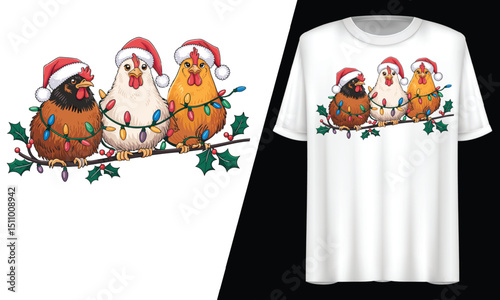 Christmas Chickens with Santa Hats, T-Shirt Design.