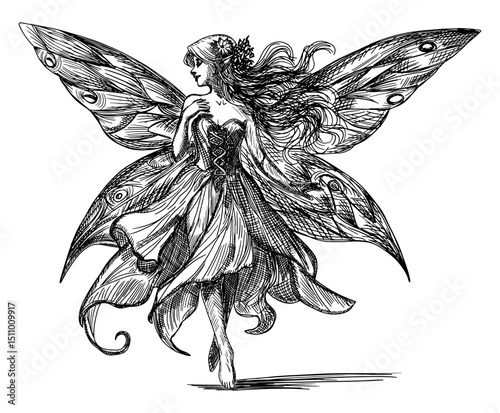fairy isolated with large ornate wings flowing dress long wavy hair hand drawn sketch artistic fantasy card design element line art detailed vector illustration