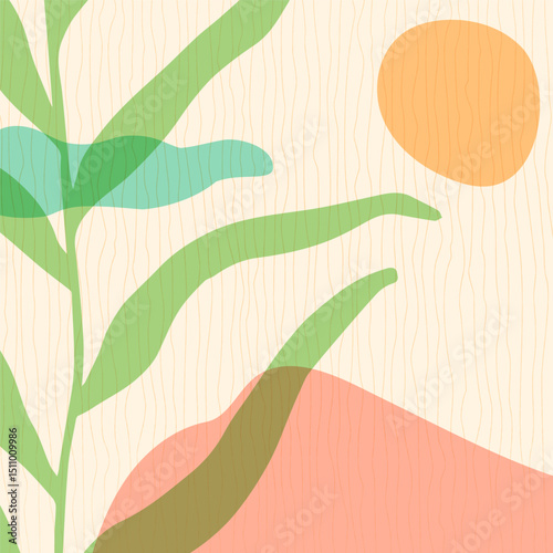 Modern abstract botanical poster with organic shapes, sun, leaves, and textured background. Vector illustration perfect for wall art, eco branding, packaging, lifestyle templates, or digital decor.