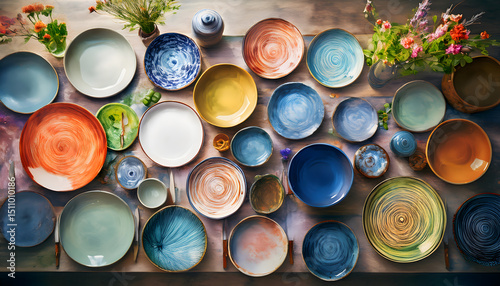 A vibrant overhead view of a large collection of handcrafted ceramic plates and bowls in various colors and patterns
