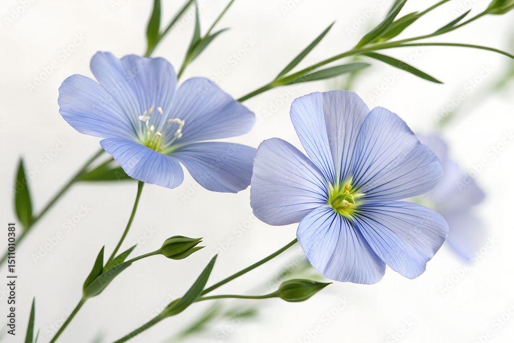 Fototapeta premium Delicate Blue Flax Flowers in Bloom on White Background