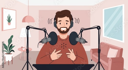 A cheerful podcast host shares insights in a cozy home studio with soft lighting and plants