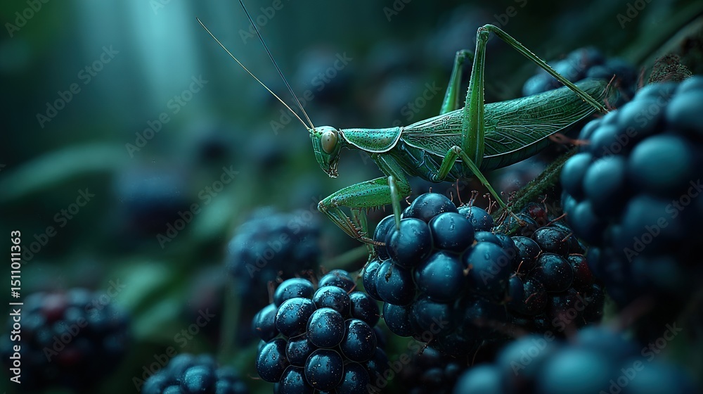 Naklejka premium Close-up of a grasshopper perched on grapes and other berries, surrounded by more in the background