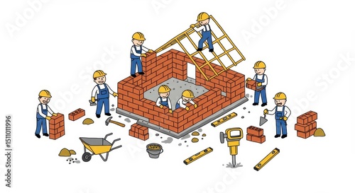 Workers build a brick structure at a sunny construction site