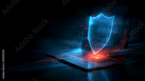 Glowing blue shield icon above laptop keyboard, symbolizes digital security and online protection, conveying technological safety and data privacy