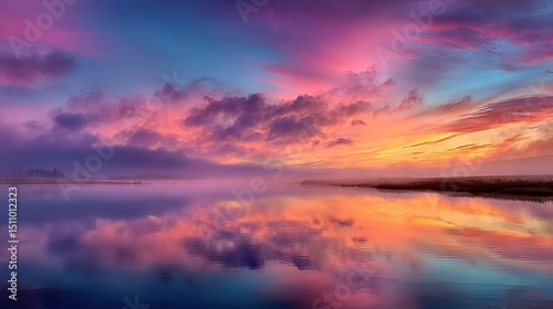   A vast expanse of water, adorned with an array of cloud formations against the backdrop of a vibrant pink and azure sky