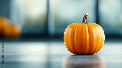 A bright orange pumpkin sits gracefully on a smooth surface, showcasing its round shape and textured skin, capturing the essence of autumn and harvest times. photo
