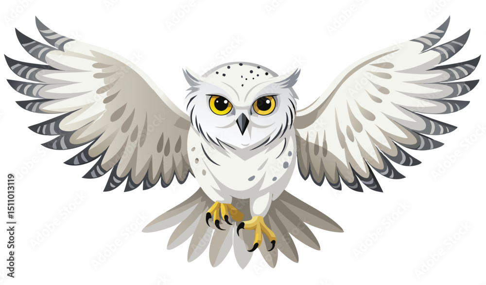 Majestic snowy owl in flight wings spread wide