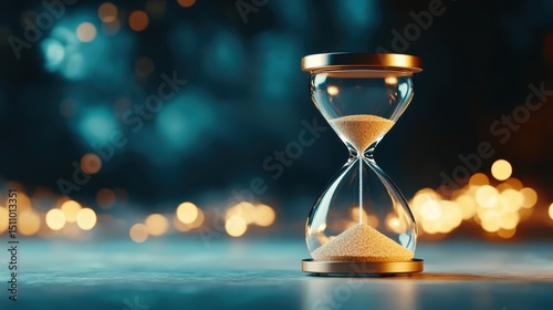 An artistic representation of an hourglass with golden sand, symbolizing the passage of time and the inevitability of change in a beautifully lit environment.