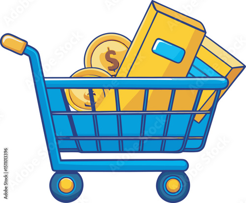 3D Shopping cart with credit card and golden coins. Blue basket for retail online. Purchase and payment. Order groceries from the supermarket. Cartoon creative design icon isolated on white 