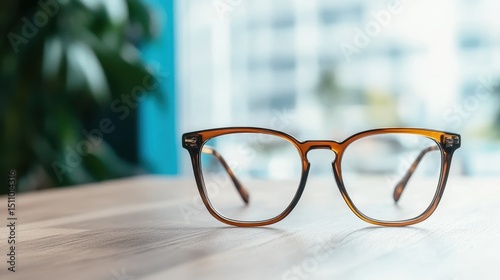 A pair of stylish eyeglasses rests casually on a wooden table surface, symbolizing modern sophistication and a keen sense of fashion.