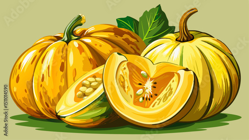 A close-up of yellow squashes, one cut open to reveal its seeds and flesh.