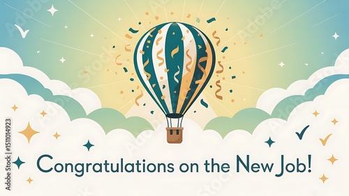 Congratulations on the new job with hot air balloon and confetti graphic art