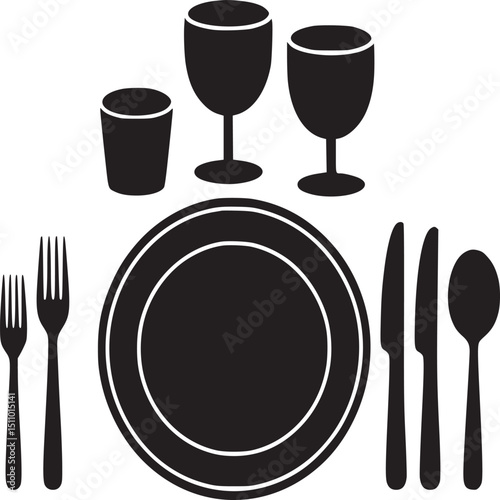 A black and white illustration of a place setting with plate and utensils