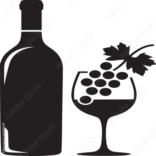 Black silhouette of wine bottle and glass with grapes on a white background