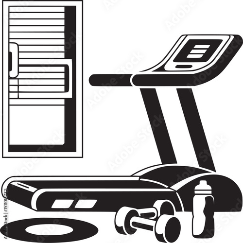 Black and white illustration of gym equipment including treadmill and weights