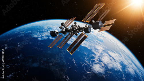 Fototapeta Naklejka Na Ścianę i Meble -  Futuristic space station orbiting Earth, illuminated by sunlight