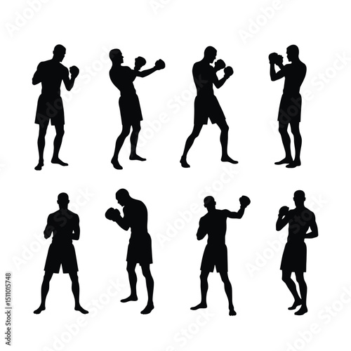 Boxer silhouette poses strong athletic men stand fighting