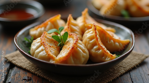 Asian fried dumplings in a plate on a wooden old table