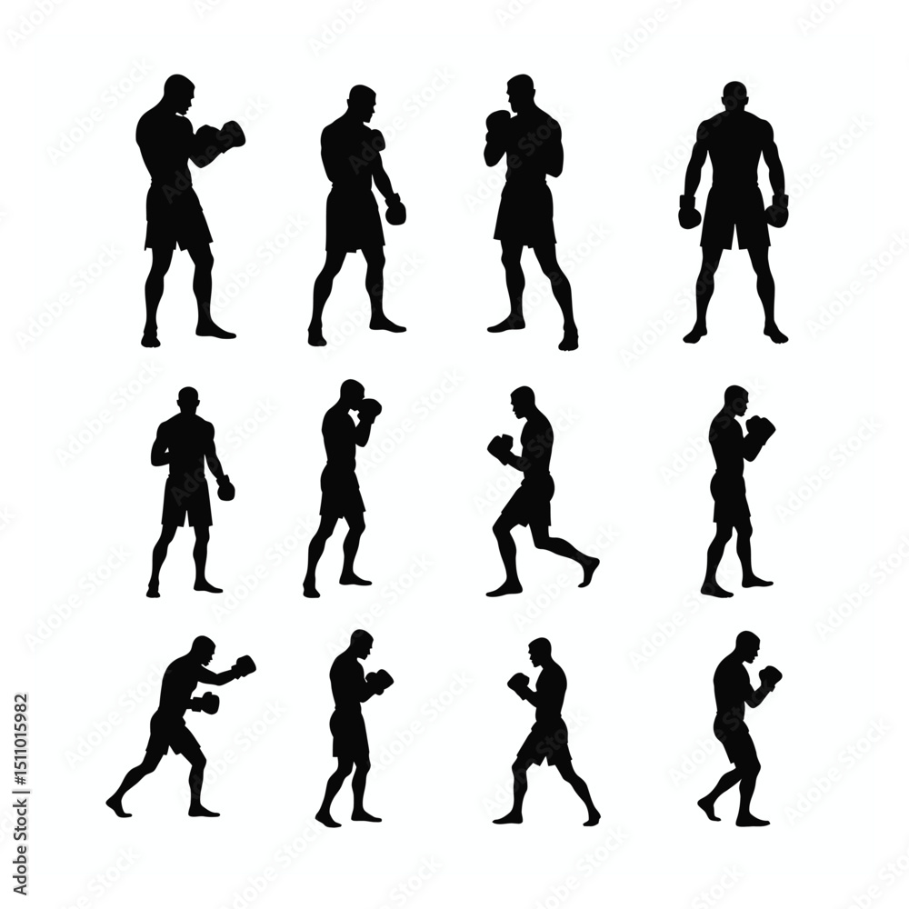 Fototapeta premium Boxer silhouettes diverse poses boxing stand training