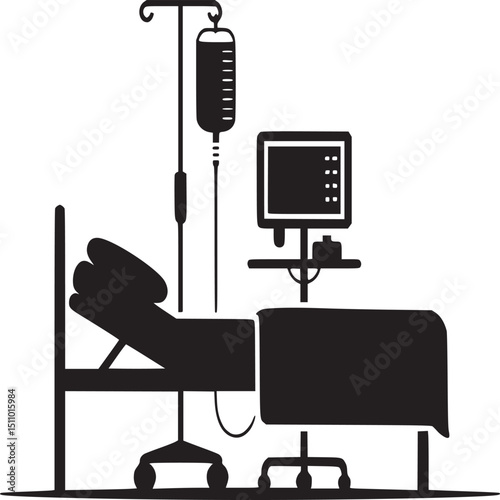 Black silhouette of hospital bed with iv drip and monitor on white background