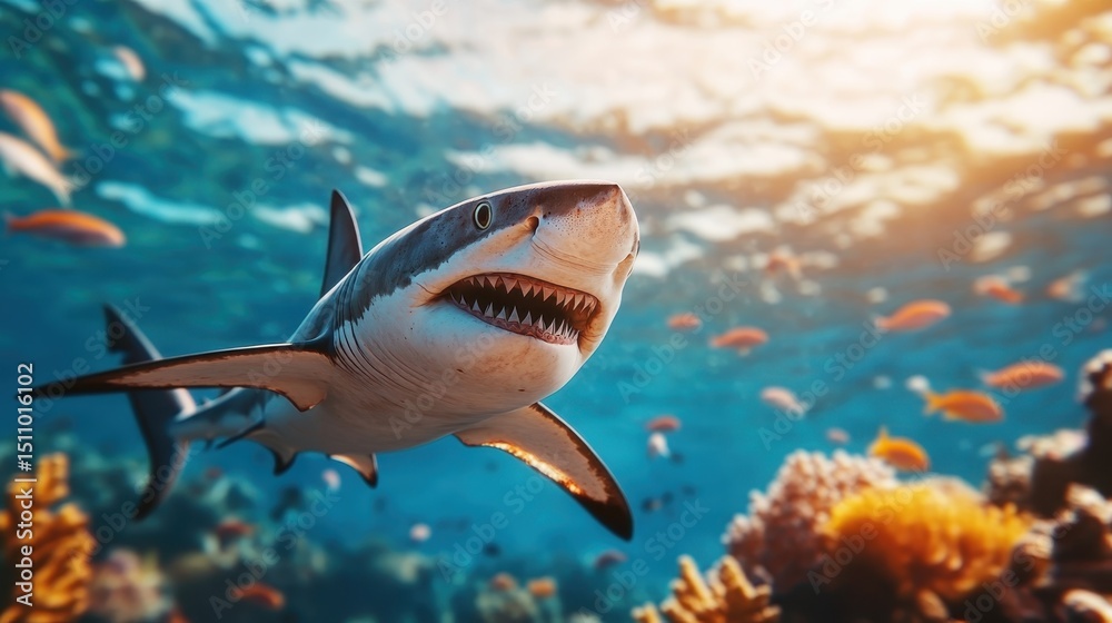 Fototapeta premium A stunning underwater image of a graceful shark gliding through crystal-clear waters, surrounded by colorful marine life, showcasing the beauty and power of oceanic wildlife.