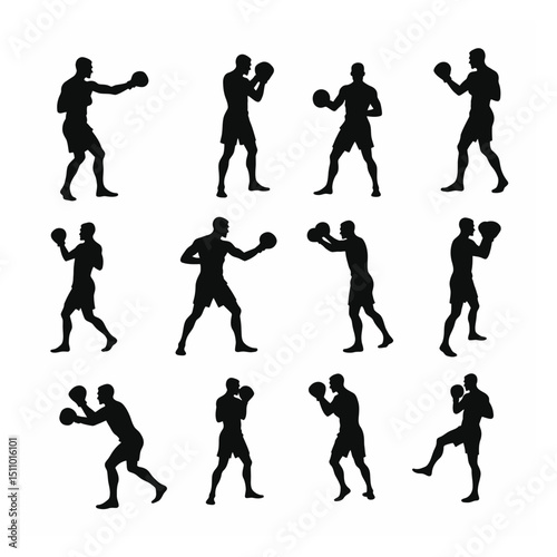 Twelve boxer silhouettes demonstrating various poses and stances