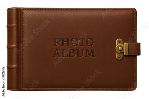 Closed brown leather photo album on transparent background