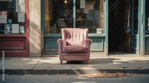 Vintage pink armchair on sidewalk in sunlit urban setting