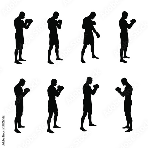 Boxer silhouette stand with various poses boxing fitness