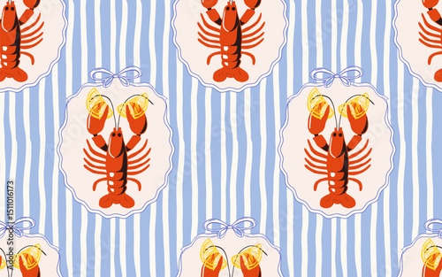 Seamless lobster pattern with lemon slices, blue and white wavy stripes, decorative frames and bows, summer seafood repeat print, Mediterranean coastal design, vector background