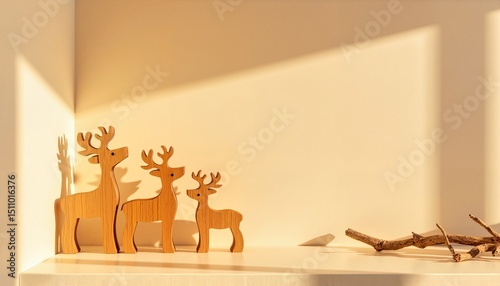Wooden reindeer decorations arranged on a shelf with sunlight 