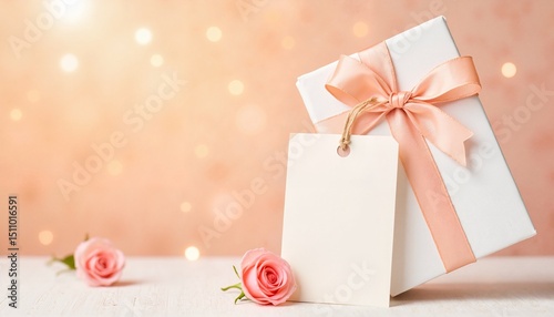 Gift box with pink ribbon and roses on a blurred background  