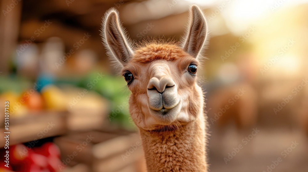 Fototapeta premium A charming llama gazes curiously into the camera, capturing its personality and the warm atmosphere of a vibrant marketplace filled with colorful items.