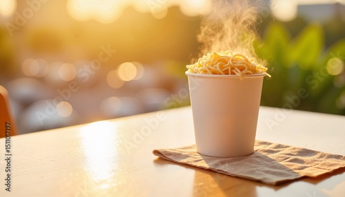 Hot noodles in takeout cup on table with sunset background  