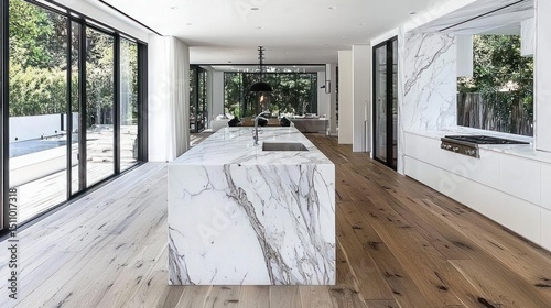 Modern Kitchen Interior Design with Marble Island and Hardwood Floors