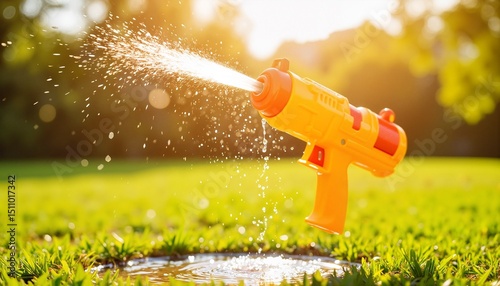 Colorful water gun spraying water in sunny garden  