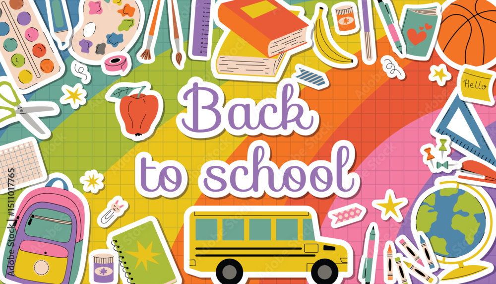 Fototapeta premium Colorful Back to School poster with rainbow gradient background and colorful supplies like books, paints and markers, backpack, school bus and basketball around the edge. Playful cartoon design.